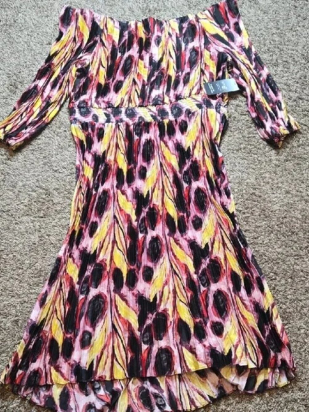 Terra & Sky Black Label Plus Size 1X 16W - 18W Watercolor Feathers Midi Dress